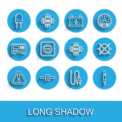 Poster - Set line Exclamation mark in triangle, Electric circuit scheme, Light emitting diode, plug, Audio jack, Electrical outlet, and Processor with microcircuits CPU icon. Vector