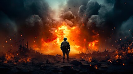 Warzone on Uncharted Planet: Soldiers Fighting in Smoky Battlefield amidst Explosions. Struggle for Survival in Military Combat Zone