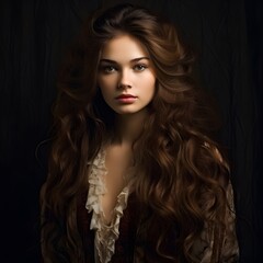 Wall Mural - beautiful young girl with long hair, healthy hair concept, hair care, curls. Stylist and hairdressing concept