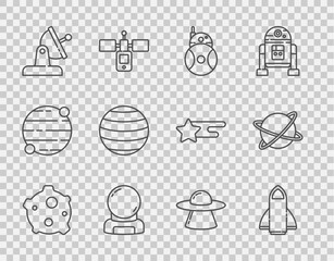 Wall Mural - set line asteroid, rocket ship, robot, astronaut helmet, satellite dish, planet venus, ufo flying sp