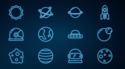 Wall Mural - set line planet mars, saturn, earth globe, astronaut helmet, sun, ufo flying spaceship and satellite