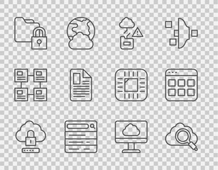 Poster - set line cloud computing lock, search cloud, technology data transfer, engine, folder and, file docu