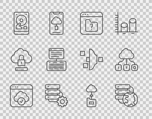 Poster - set line cloud technology data transfer, network cloud connection, file missing, server and gear, ha