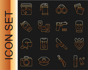 Wall Mural - Set line Bullet casing with ruler, Police badge, Balaclava, Handcuffs, Marker of crime scene, Walkie talkie, Evidence bag bullet and Pistol or gun icon. Vector