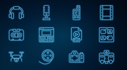 Poster - Set line Actor trailer, Storyboard, Light meter, Video recorder on laptop, Retro audio cassette tape, Headphones, FLV file document and Microphone icon. Vector