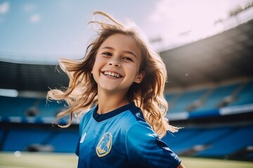 smiling little girl in sportswear looking at camera while standing in stadium