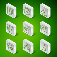Poster - Set line Employee, hierarchy, File document, Mail and e-mail, Outgoing call phone, Clock, Headphones with question and Unknown search icon. Vector