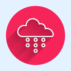 Canvas Print - White line Cloud with rain icon isolated with long shadow. Rain cloud precipitation with rain drops. Red circle button. Vector