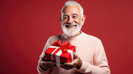 Wall Mural - Happy smiling senior man holding gift box on a colored background