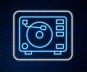 Wall Mural - Glowing neon line Vinyl player with a vinyl disk icon isolated on brick wall background. Vector