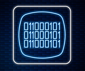 Poster - Glowing neon line Binary code icon isolated on brick wall background. Vector
