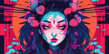 Portrait Of A Japanese Geisha With A Painted Face. Cyberpunk Neon Lights Vector Flat Bright Colors