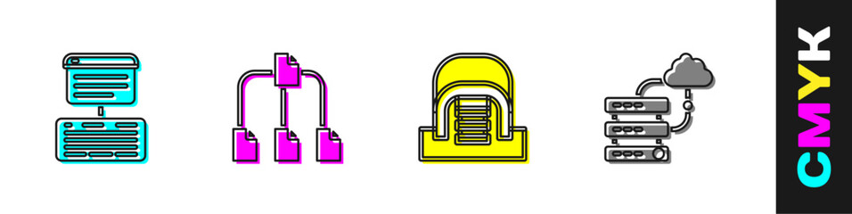 Aufkleber - set server, data, web hosting, folder tree, hangar with servers and network cloud connection icon. v