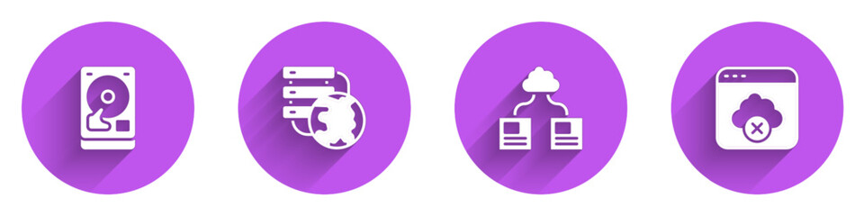 Poster - Set Hard disk drive HDD, Network cloud connection, Cloud technology data transfer and Failed access storage icon with long shadow. Vector