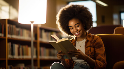 Wall Mural - Female student sitting in front of book shelves in college library and reading book