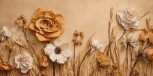 Organic Floral Background With Dry Flowers On Brown Craft Paper