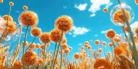 Orange globe flowers in blue sunny sky.