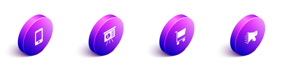 Poster - Set Isometric Mobile phone, Board with graph, Shopping cart and Megaphone icon. Vector