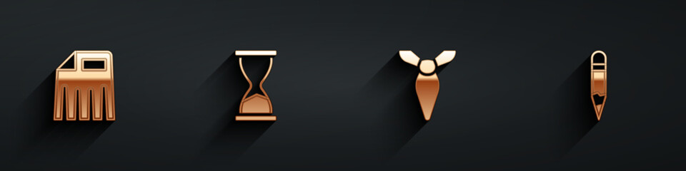 Poster - Set Paper shredder, Old hourglass, Tie and Pencil icon with long shadow. Vector