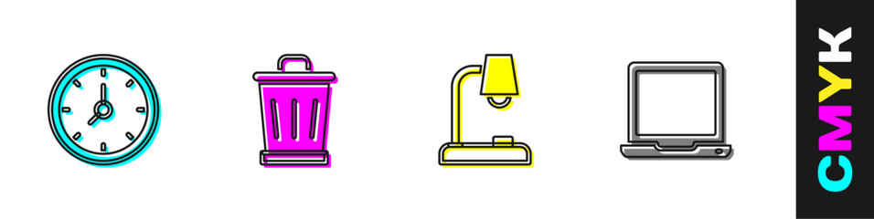 Poster - set clock, trash can, table lamp and laptop icon. vector