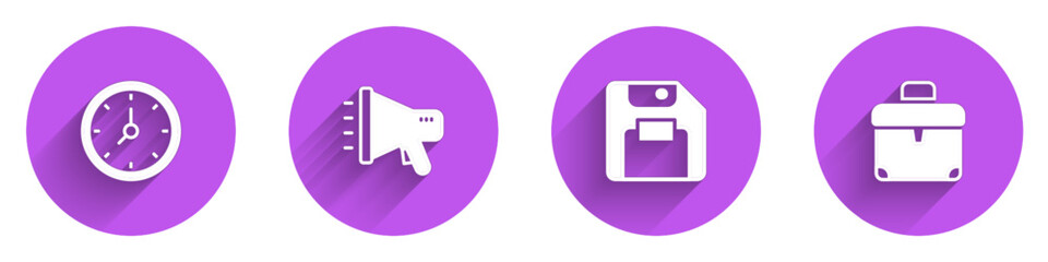 Poster - Set Clock, Megaphone, Floppy disk and Briefcase icon with long shadow. Vector