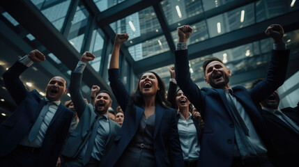 Wall Mural - Team of company employees in costumes raise their hands in the air to signify the team's success and victory.