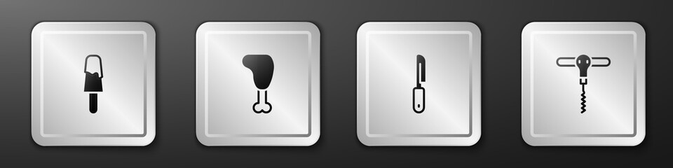 Sticker - Set Ice cream, Chicken leg, Knife and Wine corkscrew icon. Silver square button. Vector