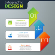 Set Bag Of Food For Pet, Cat Litter Tray With Shovel And Cage Birds. Business Infographic Template. Vector