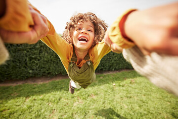 Sticker - Child, spin and outdoor in pov, holding hands and happy for game with parent, holiday and backyard. Excited young kid, smile and swing in air, fast and lawn for play on vacation in summer sunshine