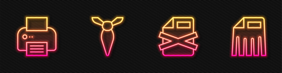 Poster - Set line Delete file document, Printer, Tie and Paper shredder. Glowing neon icon. Vector