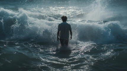 A man walking through the water with the waves parted.