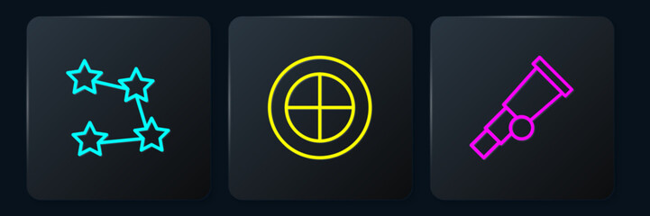 Poster - Set line Star constellation zodiac, Telescope and Earth globe. Black square button. Vector