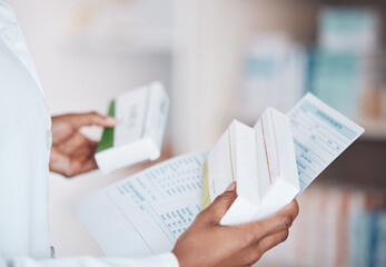 Poster - Paperwork, pharmacist or hands with medicine pills, supplements products or drugs inventory. Documents, healthcare clinic or closeup of doctor with box of medical product or pharmacy stock checklist