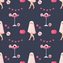 Seamless Pattern Pink Ghost Girl Glamour, Pumpkin, Cocktail, Halloween Party