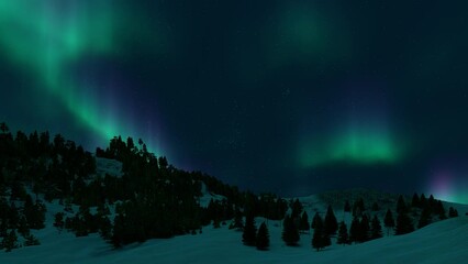 Wall Mural - a beautiful green and red aurora dancing over the hills. 4k