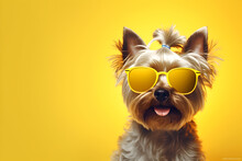 Creative Animal Concept. Yorkshire Terrier Dog Puppy In Sunglass Shade Glasses Isolated On Solid Pastel Background, Commercial, Editorial Advertisement, Surreal Surrealism