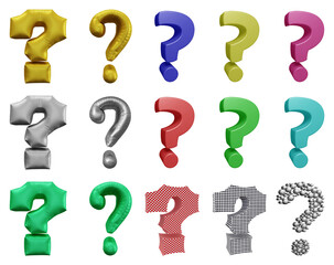 Poster - Set of question mark symbol design. Ask icon or sign shape isolated on transparent background in 3d rendering.