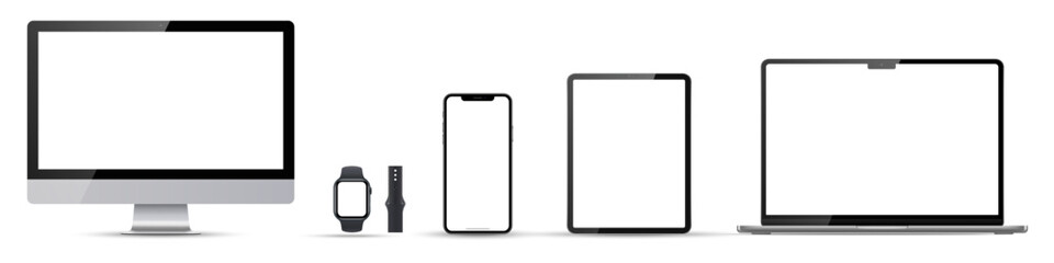 Wall Mural - Set of computer, laptop, phone, tablet and watch on transparent background with transparent screen. Vector illustration. Devices with blank screens.