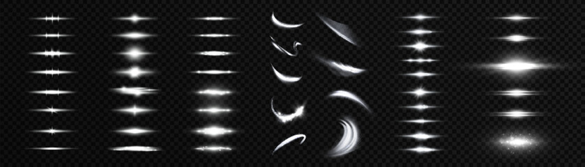 Leinwandbilder - Set of horizontal light effects of curved light swirls. Flashes of light on a transparent background. Vector glowing light effect.