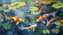 Serene Koi Fish Pond With Lily Pads Watercolor Paintin.Generative AI