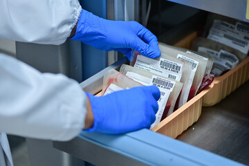 close up blood bag in laboratory medical concept. blood, donate blood, blood bank.