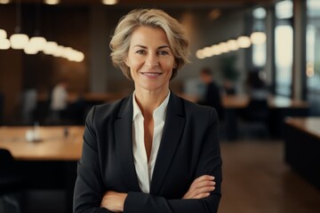 Portrait of smiling mature businesswoman standing with arms crossed in office