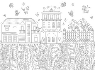 Wall Mural - colouring page with cityscape. Cute houses, fence, trees, ornate