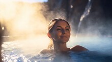 Young Woman Enjoys A Natural Thermal Waters Bath