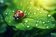 Beautiful Nature Background With Morning Fresh Grass And Red Ladybug On Green Leaf. Grass And Clover Leaves In Droplets Of Dew Outdoors In Summer In Spring Close-up Macro