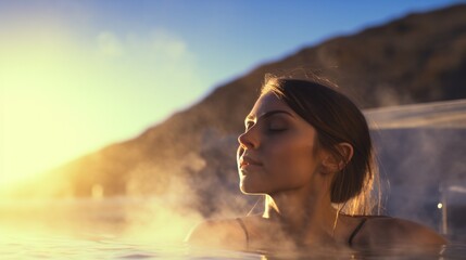 Wall Mural - young woman enjoys a natural thermal waters bath