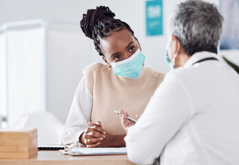 Sticker - Face mask, help or doctor consulting a patient in meeting in hospital writing history or healthcare record. People, medical or nurse with black woman talking or speaking of test results or advice