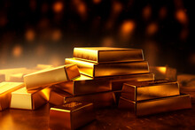 Gold Bars. Stacks Of Pure Gold Bar On Dark Background.