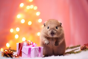 baby rodent beaver with christmas gift box on pink background