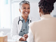 © Talia Mdlungu/peopleimages.com - Happy woman, mature or doctor consulting a patient in hospital for healthcare help, feedback or support. People, medical or excited nurse with a person talking or speaking of test results or advice